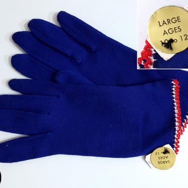 Deadstock Mod Vintage 60s 70s Navy Blue Gloves with Red White Trim - As is 