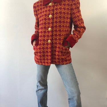 Vintage Escada Red And Purple Plaid Wool Jacket 