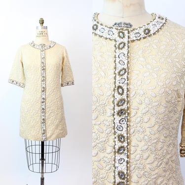 1960s I MAGNIN BEADED rhinestone mini dress medium large | new fall winter 