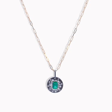 Galaxy Diamond &amp; Emerald Disc Pendant Necklace