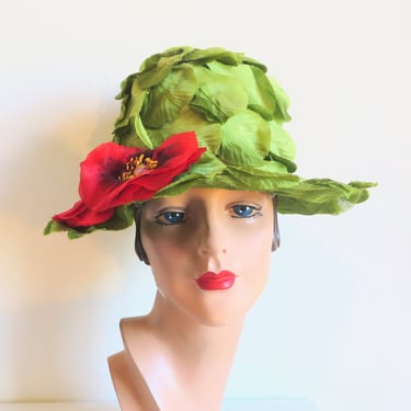 1960's Green Leaf High Crown Flower Pot Hat Poppy Floral Trim Cloche Style Unique Whimsical 60's Millinery Spring Summer Pogues 