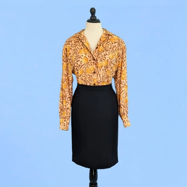 Vintage 80s Black Crepe Pencil Skirt, 1980s High Waist Fitted Skirt 
