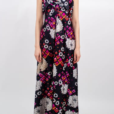 1970s Psychedelic Floral Geometirc Print Maxi Dress