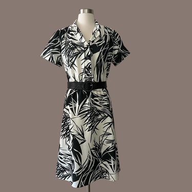 Vintage 70s Black & White Bamboo Print Dress, Dandy Dress New York, Size Estimate Large 
