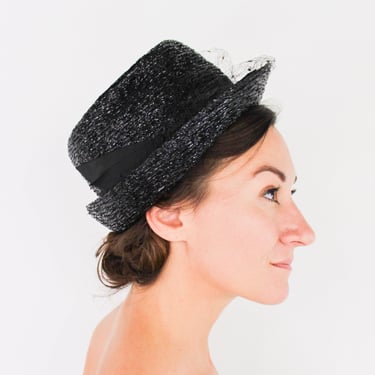 1960s Black Hat | 60s Black Fedora Hat | Black Raffia Hat | Bullock's 