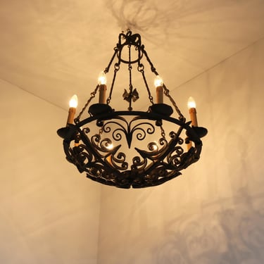 Large Wrought Iron Antique Castle Chandelier Arts & Crafts Round Pendant Light Fixture Hands Made Dome Crown Chains Late 19th Century 