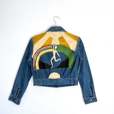 OOAK Imogene and Willie Hand Painted Cropped Denim Jacket Size Small 