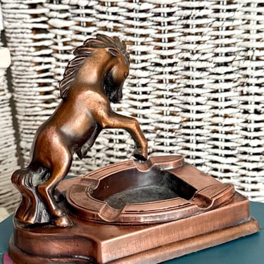 Copper Horse Ashtray, Rearing Horse Ash Tray, Bronze Trinket Dish, Equestrian, Signed White, Mid-Century Vintage 