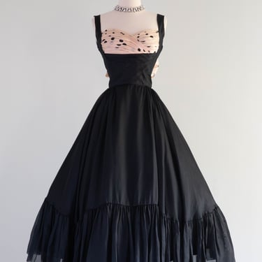 Iconic 1950's Oleg Cassini Black & Pink Silk Shelf Bust Party Dress / Small