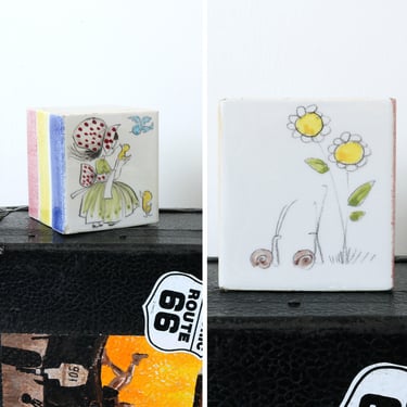 vintage 1970s cute hand painted Italy coin bank • snails daisy & girl with birds art pottery decor 