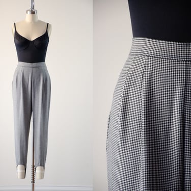 high waisted pants | 80s 90s vintage black white houndstooth plaid checkered pleated dark academia trousers stirrup pants 