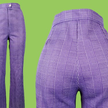 1960s 70s purple plaid pants. High rise bell bottoms. Polyester. Zip fly. Groovy hippie mod. (30 x 30) 