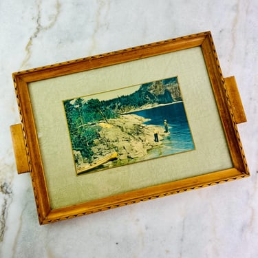Vintage 1930s Art Deco Wood Serving Tray with Photo, Fishing on River, for Cottage Decor, Wall Decor, Serving Guests, Vintage home decor 