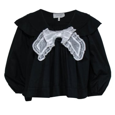 The Great - Black Long Sleeve Cotton Blouse w/ Peter Pan Collar &amp; Bow Sz 0