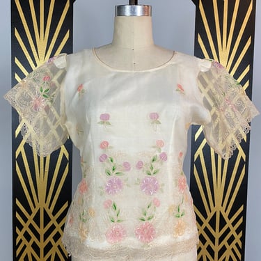 1980s sheer blouse, embroidered blouse, button back, butterfly sleeves, hand painted, terno style, medium, cream pastel floral, filipiniana 