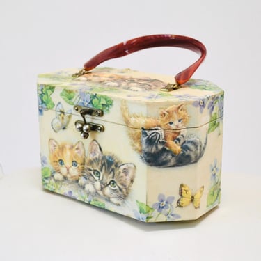 60s 70s Wood Box Purse Bag With Kitten Cats Vintage Decoupage Handbag 1970's Wooden Purse for Cat Lady Kitten Butterfly Bag Purse Glen Alden 