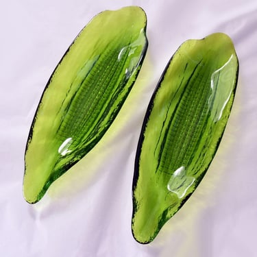 Indiana Glass Green Colored Corn On The Cobb Dish Holders, Set of 2, Vintage Mid Century 1960's, 1970's MCM Trinket Makeup holders 