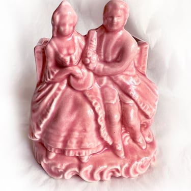 Vintage Pink Ceramic Planter VASE Courting LOVERS Man & Woman, USA Pottery, 1950's, Makeup Holder, Figurine 