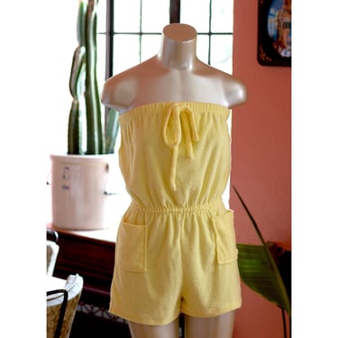 Vintage Romper - 1970s, 1980s - Terry Cloth - Swimsuit Cover, Playsuit - Strapless - Summer - Yellow 