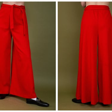Vintage 1970s 70s Hot Red High Waisted Wide Leg Elephant Flared Pants Trousers w/ Matching Belt 