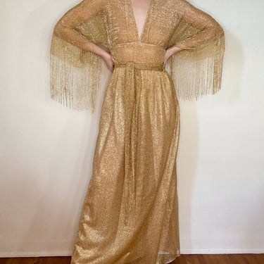 Vintage 60&amp;#39;s TRAVILLA Gold Gown with Fringe Sleeve by VintageRosemond