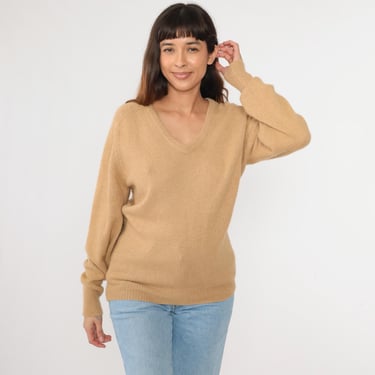 Vintage Tan Sweater V Neck Sweater Slouchy Plain Sweater 80s Knit Sweater Normcore Retro Small 