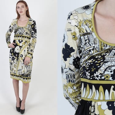 Vtg 70s Paganne by Gene Beck Signed Dress, 60s Mod Eiffel Tower Parisian Print, Soft Jersey Material, Tag Size 12 