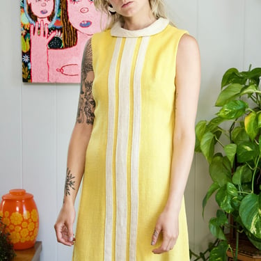Yellow Linen Shift Dress 1960s Mod Shift Sleeveless Dress Knee Length Vintage Yellow Minimalist Linen Cotton Shift Dress Small Medium 