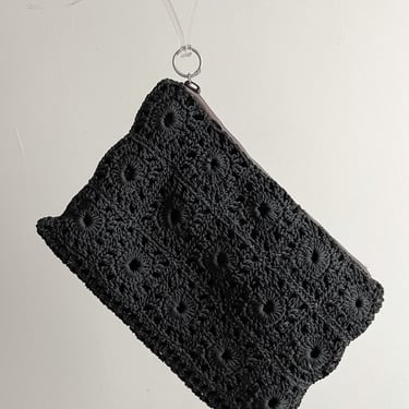 Beautiful 1930's Black Crochet Pouch Clutch With Lucite Handle
