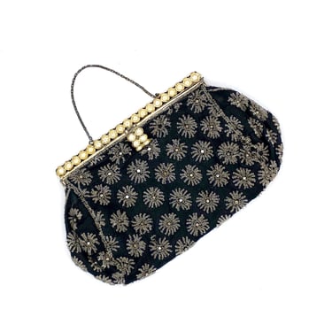 Vintage 1930s Black Micro-Beaded Evening Bag, 30s Formal Top Handle Purse, 