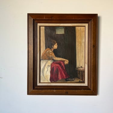 1960's Elena Abrams Country Girl Portrait Oil Painting, Framed 