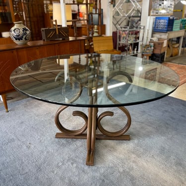 Vintage Metal Faux Rattan &amp; Glass Top Dining Table