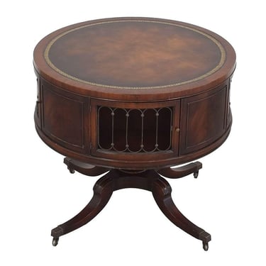 Mahogany & Brass Round Drum Coffee Table w/ Inlaid Leather by Weiman (SIGNED?) 