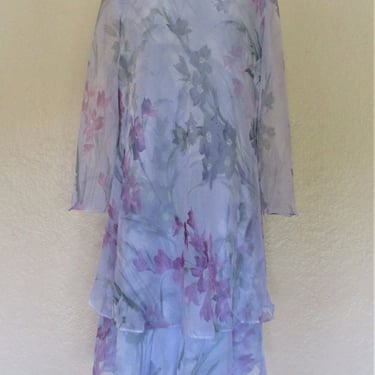 Ursula Of Switzerland, Vintage 1970s Dress, Large Women, Gray Lavender Floral Print Chiffon, Mother Of The Bride 