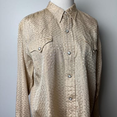 1950’s shiny light gold Western shirt~ Men’s western wear~ iridescent rayon dressy Cowboy shirts~ Rockabilly~ pearly snaps~ size LG 