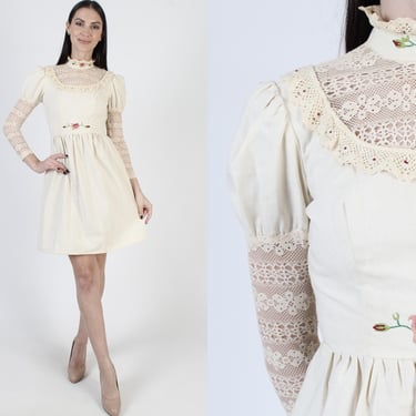 Romantic Rose Embroidered Dress, Muslin Fabric Mini, High Collar Victorian Style, Sheer Crochet Lace 