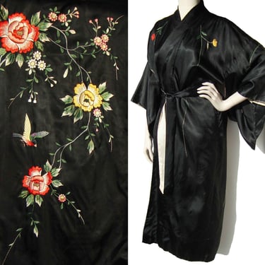 Vintage 40s Kimono Robe Embroidered Black Satin Flowers & Bird M / L 