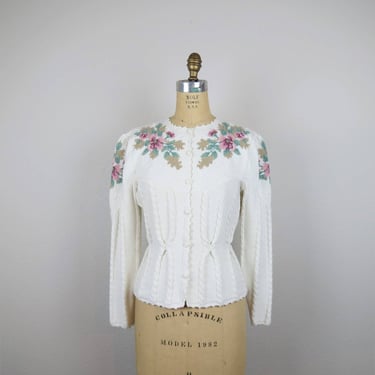 Vintage 1990s floral cardigan, puff sleeve, embroidered, Susan Bristol, small 