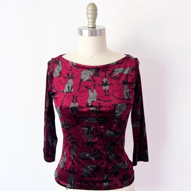 SIZE M Betsey Johnson 1990s Rare Vintage Siamese Cat Print Velvet Blouse / Boatneck / Unique 