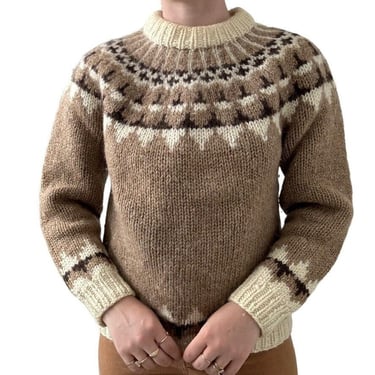 Vintage Womens Hand Knit Chunky Wool Fair Isle Tan Icelandic Sweater Sz M 