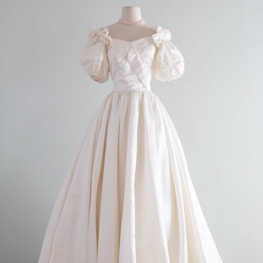 Dreamy Vintage Ivory Silk Satin Wedding Gown With Pearls and Roses / SM