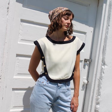 Incredible Vintage Ivory &amp; Midnight Cap Sleeve Blouse