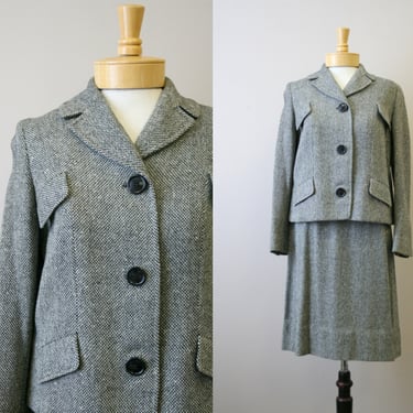 1950s Linker Black Wool Tweed Skirt Suit 