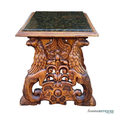 Antique Renaissance Revival Walnut Carved Eagle Phoenix Side Table w/ Stone Top