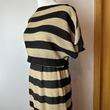 70’s knit sweater dress~ bold black stripes netted cotton mesh fitted waist snug fit timeless khaki glam rock  size S/M 