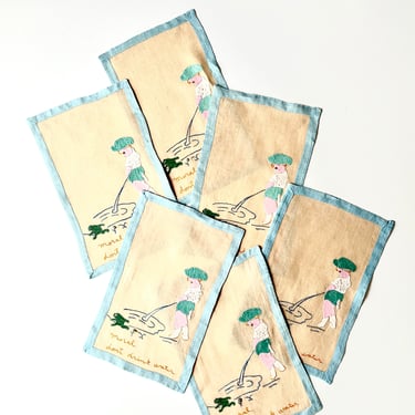 Vintage Napkins with Appliqué and Embroidery set of 6 
