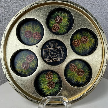 Vintage South Dakota colorful state pinecones souvenir round metal serving tray cups state flowers size 11” x 1.2” 