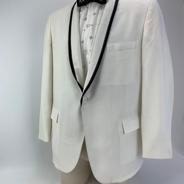 Early 1960s TUXEDO Jacket - NITE MAGIC by After Six - White with Black Shawl Collar Piping -  Men's Size 42 Short 