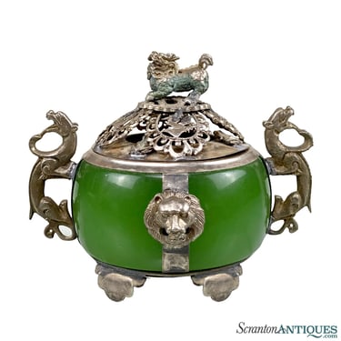 Antique Chinese Jade Foo Dog Motif Incense Burner Trinket Jar