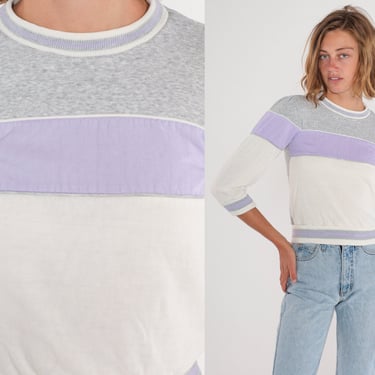 Puff Sleeve Sweatshirt 80s Striped Sweater White Grey Lavender Purple Color Block Ringer Shirt Retro Top Vintage 1980s Joggles 2xs xxs 
